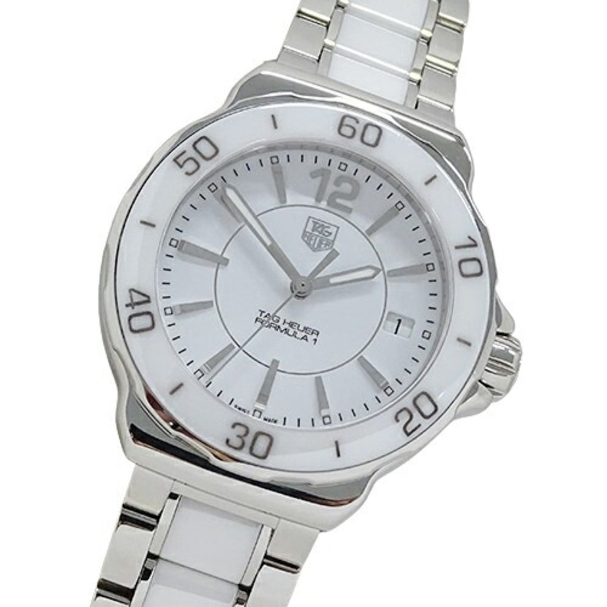 Gebrauchte TAG Heuer Formula 1 WAH1211 BA0861 Damenuhr Datum Quarz Edelstahl SS Weiß Keramik Poliert 