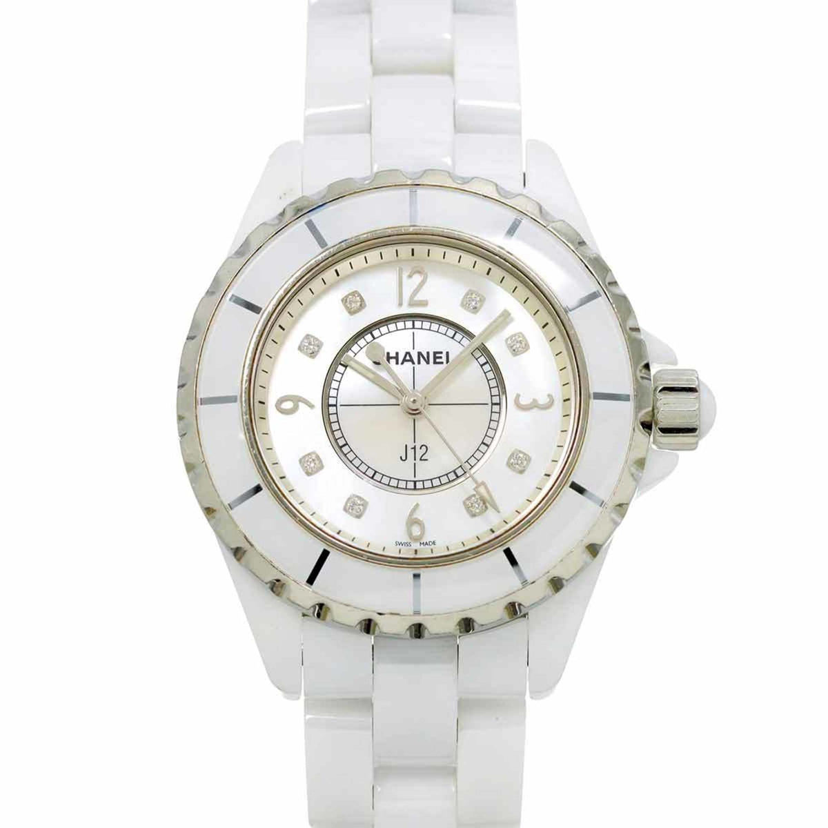 Pre-Owned CHANEL J12 33mm H2422 Women's Watch with 8 Diamonds, White Shell, Ceramic, and Quartz Movement