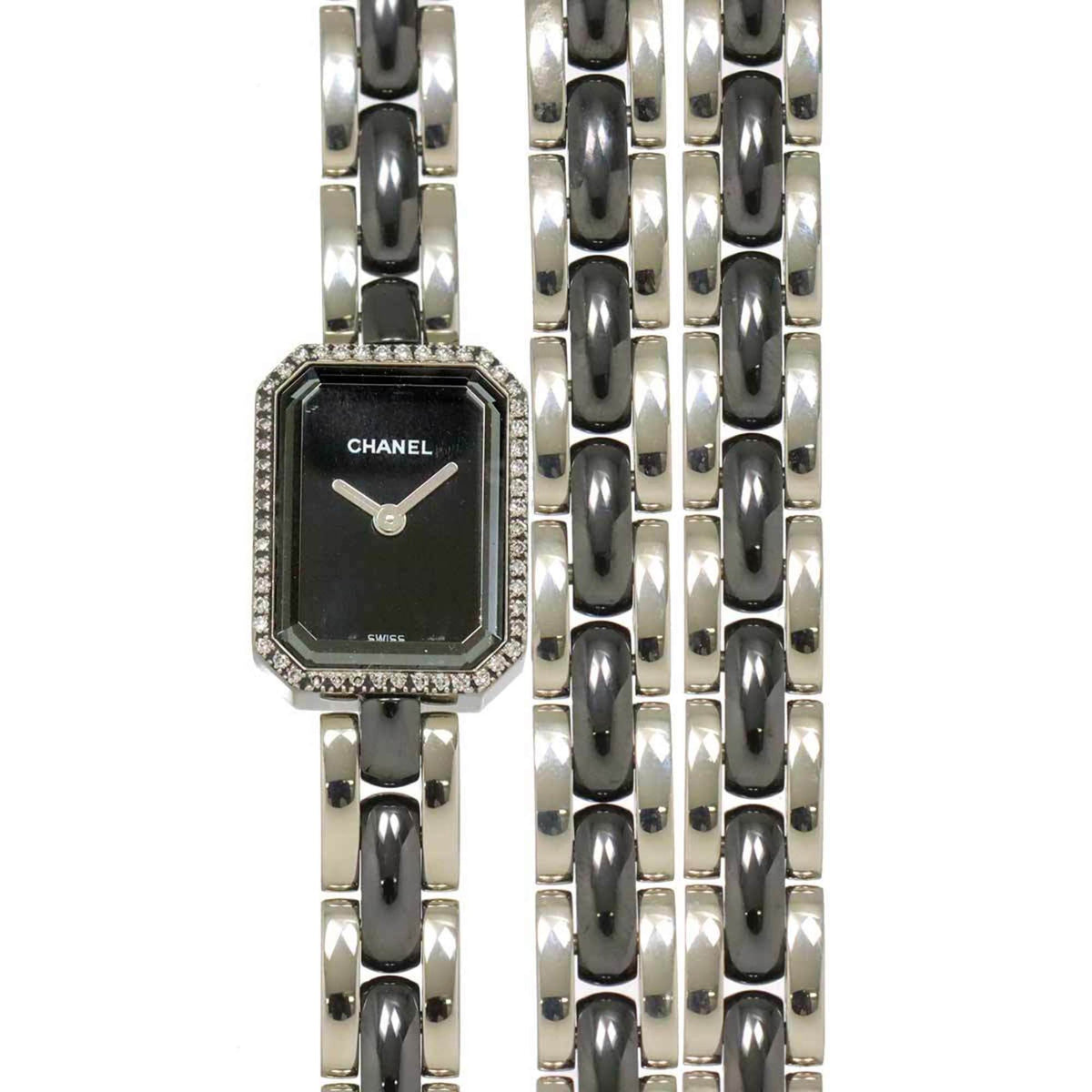 Pre-Owned CHANEL Premiere Triple Bracelet Watch H3058 Women's Diamond Bezel Black Ceramic Quartz