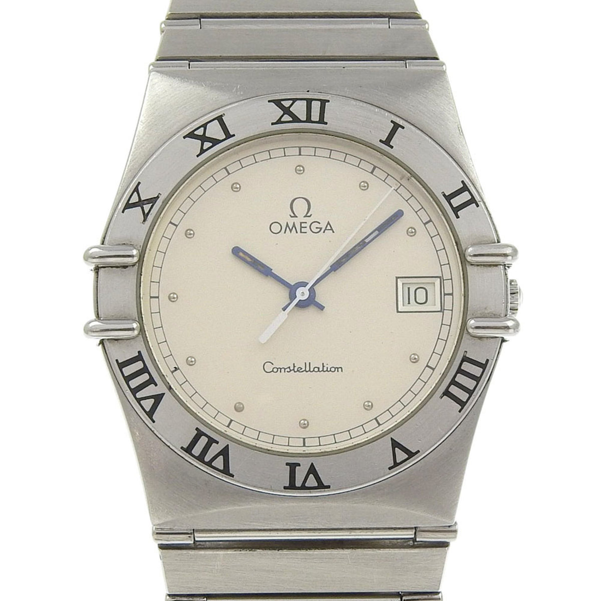 Gebrauchte OMEGA Constellation Herrenuhr aus Edelstahl, 1986, Quarzwerk, analoge Anzeige, beiges Zifferblatt 