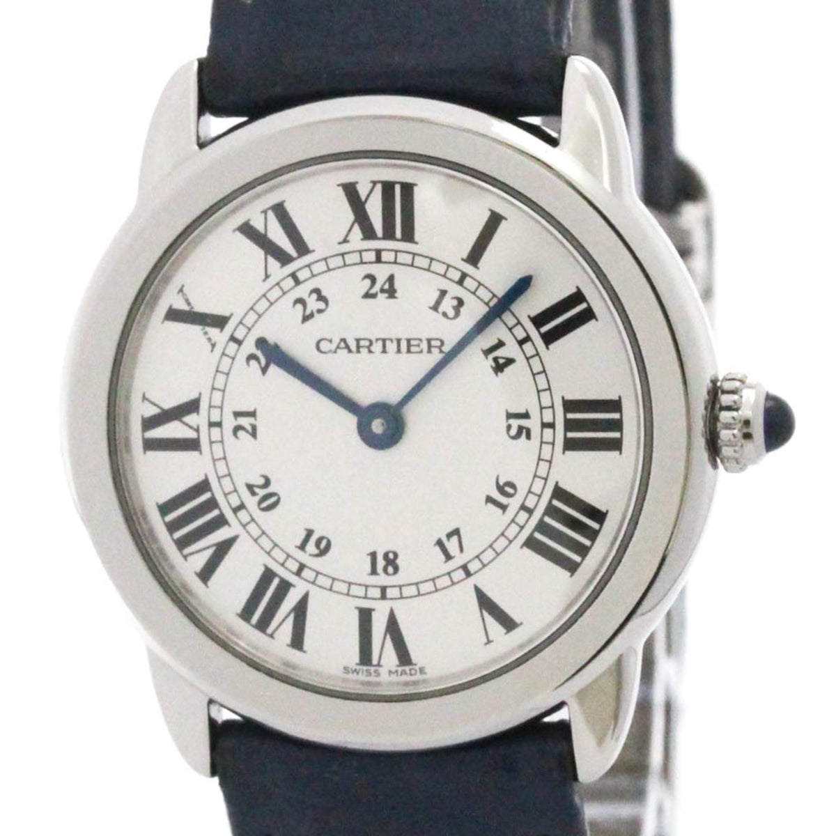 Pre-Owned CARTIER Ronde Solo SM Steel Leather Quartz Ladies Watch WSRN0019 Polished