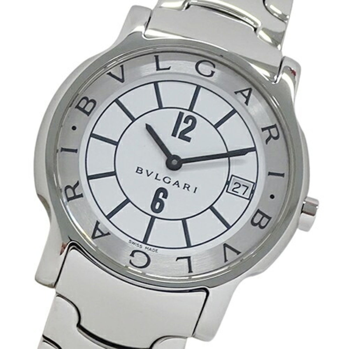 Gebrauchte BVLGARI Herren Solotempo Datum Quarzuhr Edelstahl SS ST35S Silber Weiß Poliert 