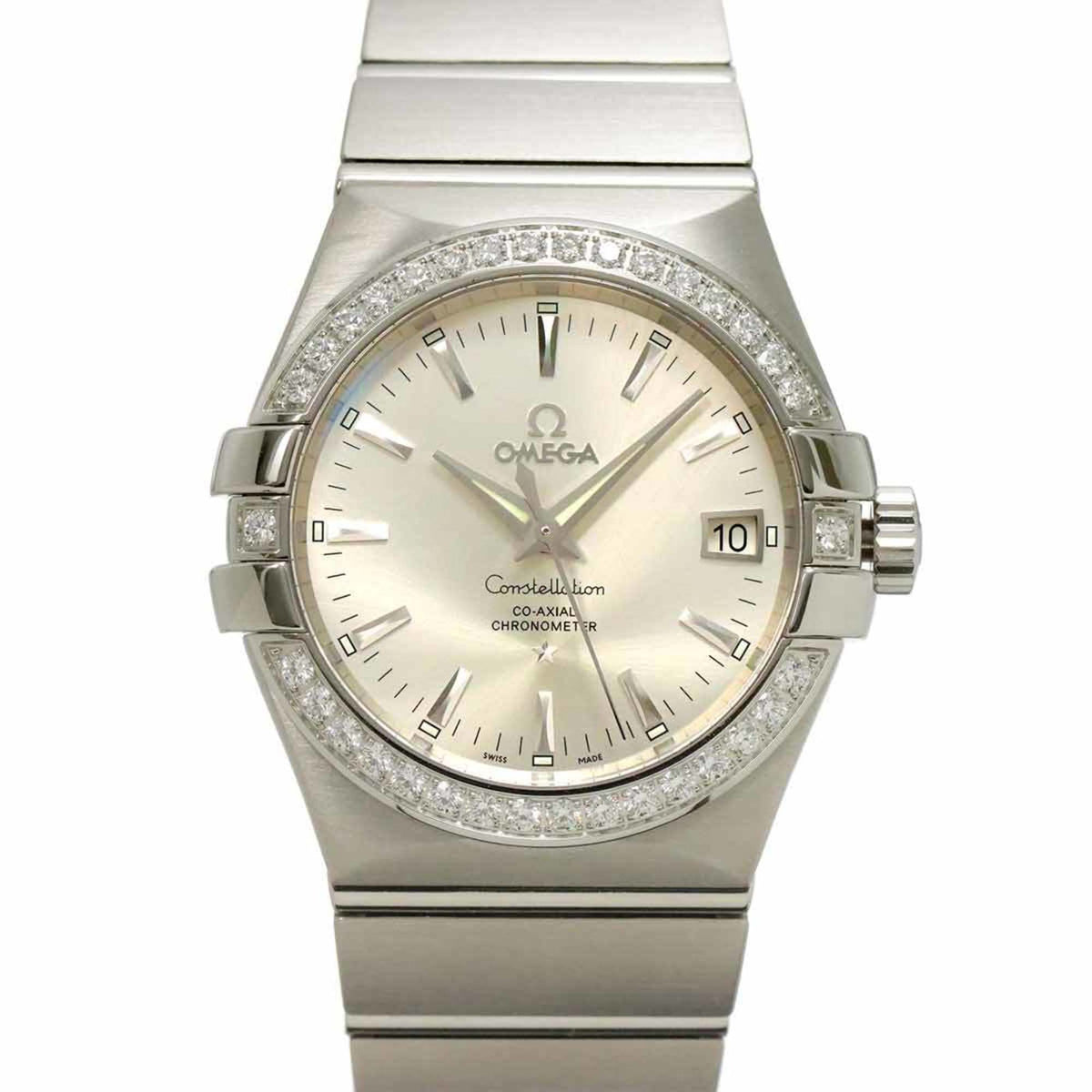 Pre-Owned OMEGA Constellation Co-Axial Chronometer 123 15 35 20 02 001 Men's Watch with Diamond Bezel, Date Display, Silver, Automatic