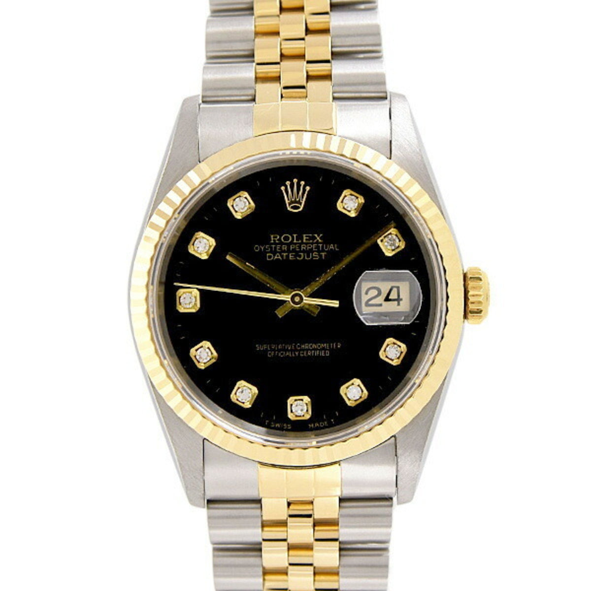 Pre-Owned Rolex Men's Datejust Automatic Watch with 10 Diamonds, W Number, Black Dial, Stainless Steel and Yellow Gold, ROLEX 16233G