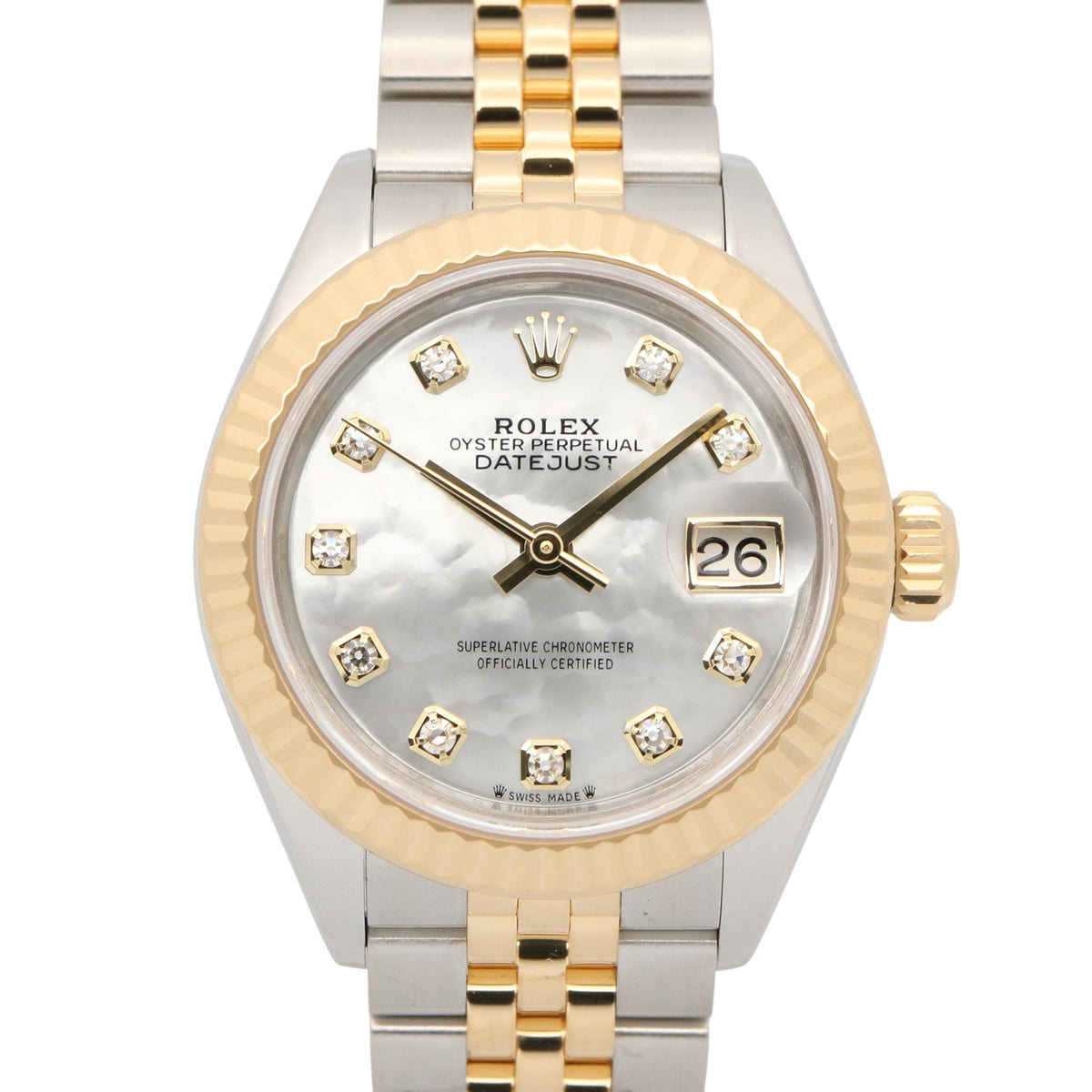 Pre-Owned Rolex Datejust 10P Diamond Random Serial Number Watch 18K (Yellow Gold) Stainless Steel Ladies White Mother-of-Pearl New 279173NG