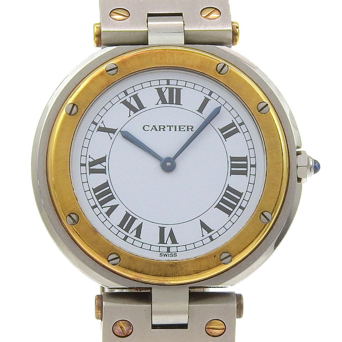 Pre-Owned Cartier Santos Round LM Watch, Cal. 81, Stainless Steel and 18K Yellow Gold, Silver Quartz Movement, Analog Display, White Dial, Men's