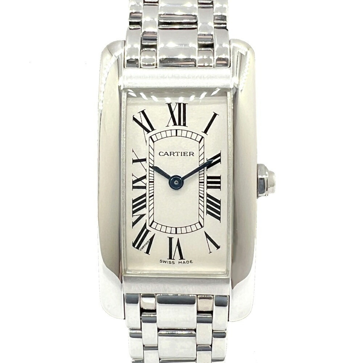 Gebrauchte Cartier Tank Americaine SM W260119L1 K18WG Weißes Zifferblatt Quarz Armbanduhr Rechteckige Uhr Batteriebetrieben Römische Ziffern Damen 
