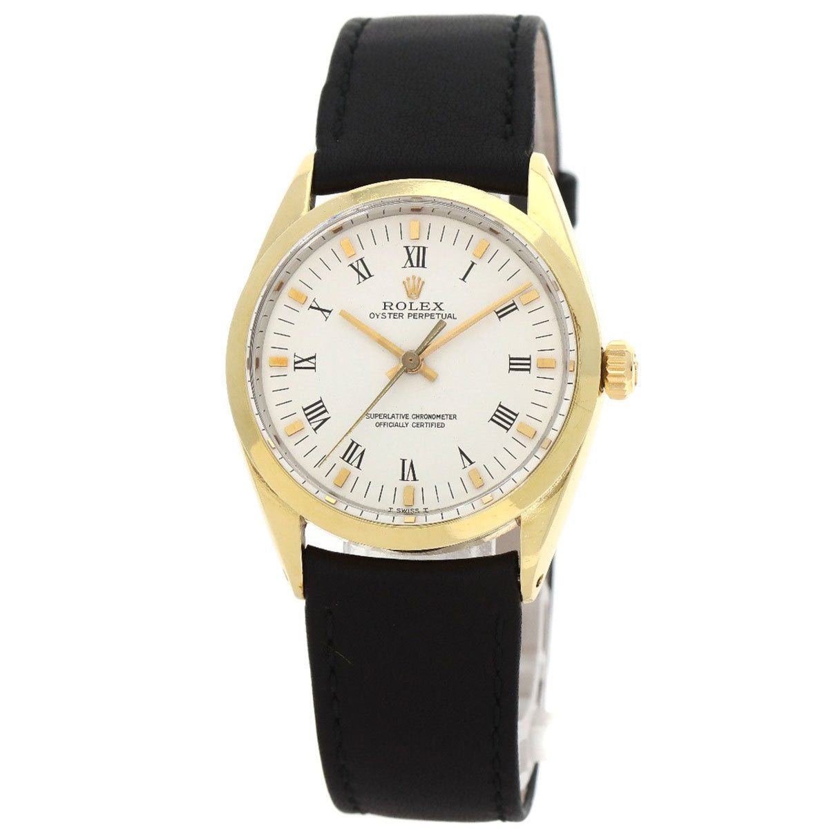 Gebrauchte Rolex 1024 5 Oyster Perpetual Center Uhr mit römischen Ziffern aus Edelstahl und Leder. GP Herrenuhr. 