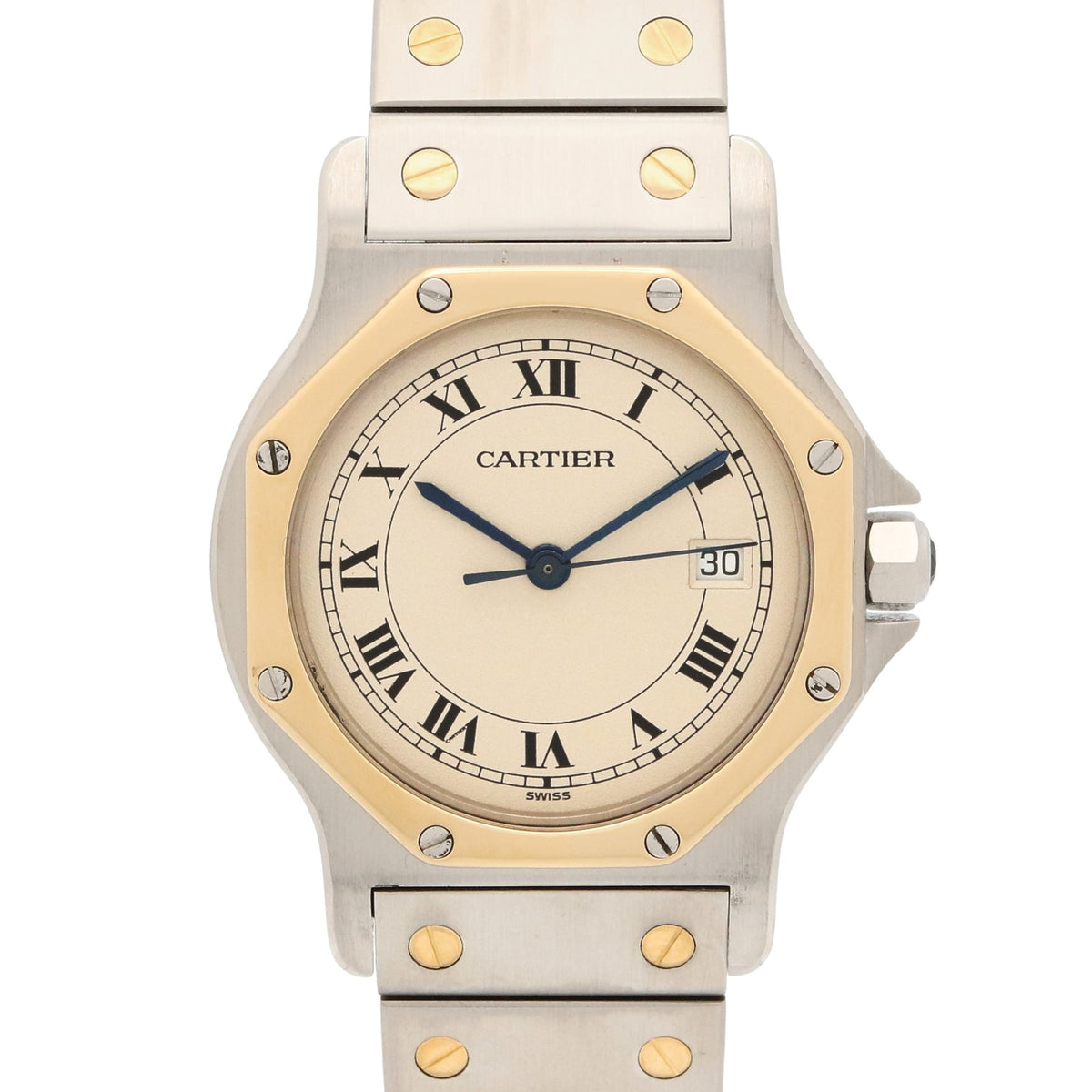 Pre-Owned Cartier Santos Octagon LM Watch, 18K Yellow Gold, Stainless Steel, Boys' Size, Ivory, 187902