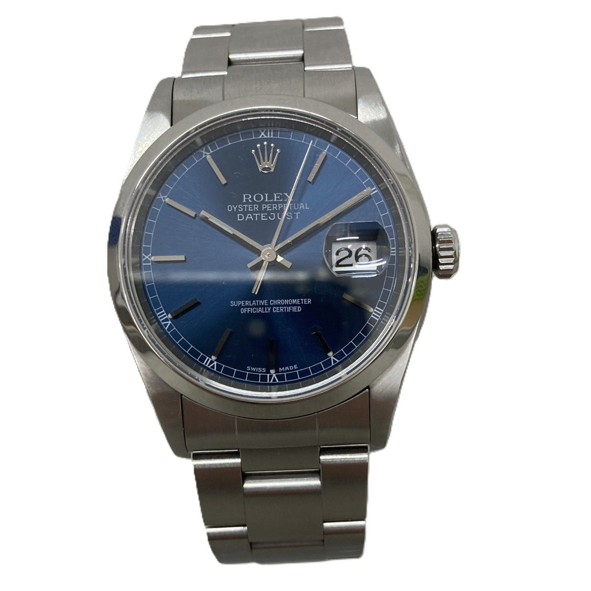 Pre-Owned ROLEX 16200 P-number DATEJUST Watch with Blue Dial and Bar, Stainless Steel