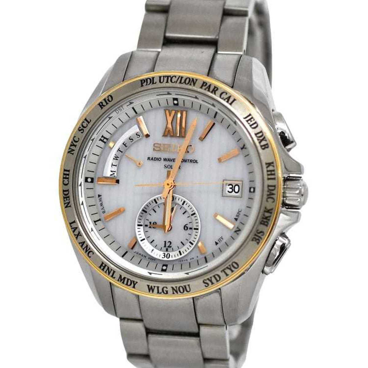 Gebrauchte Seiko Uhr Brightz Date Weiß Silber 8B54-0AW0 f-20461 Solar Quarz SEIKO Herren Batterie Farbiges Zifferblatt Edelstahl 