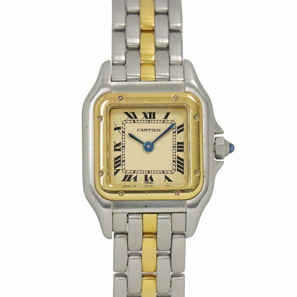Gebrauchte Cartier Panthere 1-reihige SM W25029B5 Kombi-Damenuhr Elfenbein K18YG Gelbgold Quarz 