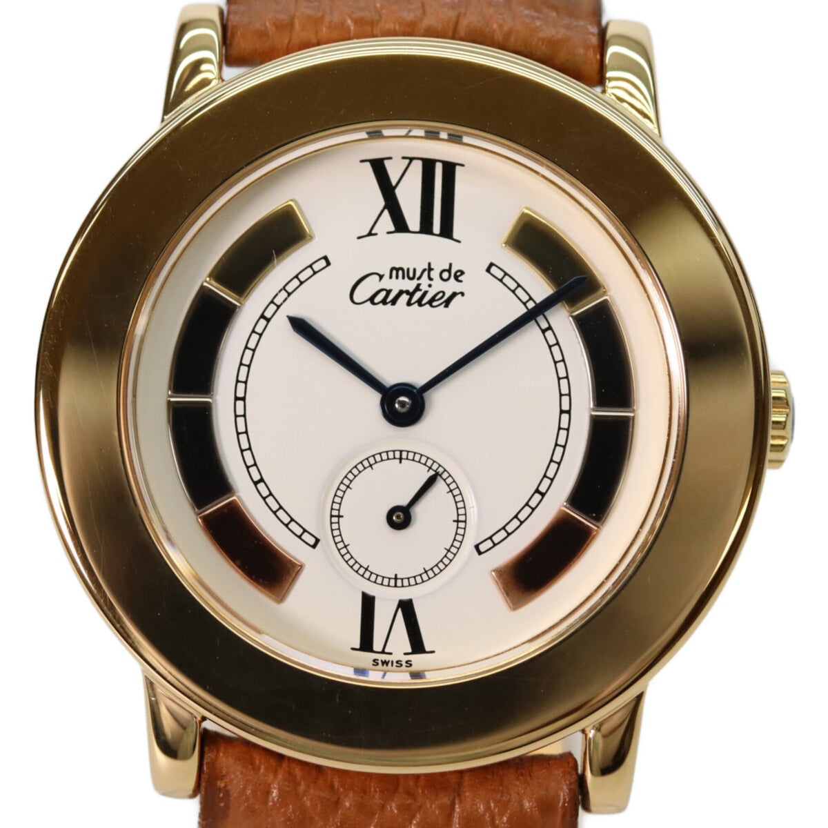 Pre-Owned Cartier W1006922 925 Must de Ronde LM Vermeil Small Seconds Trinity Watch Gold Ivory Dial Ladies