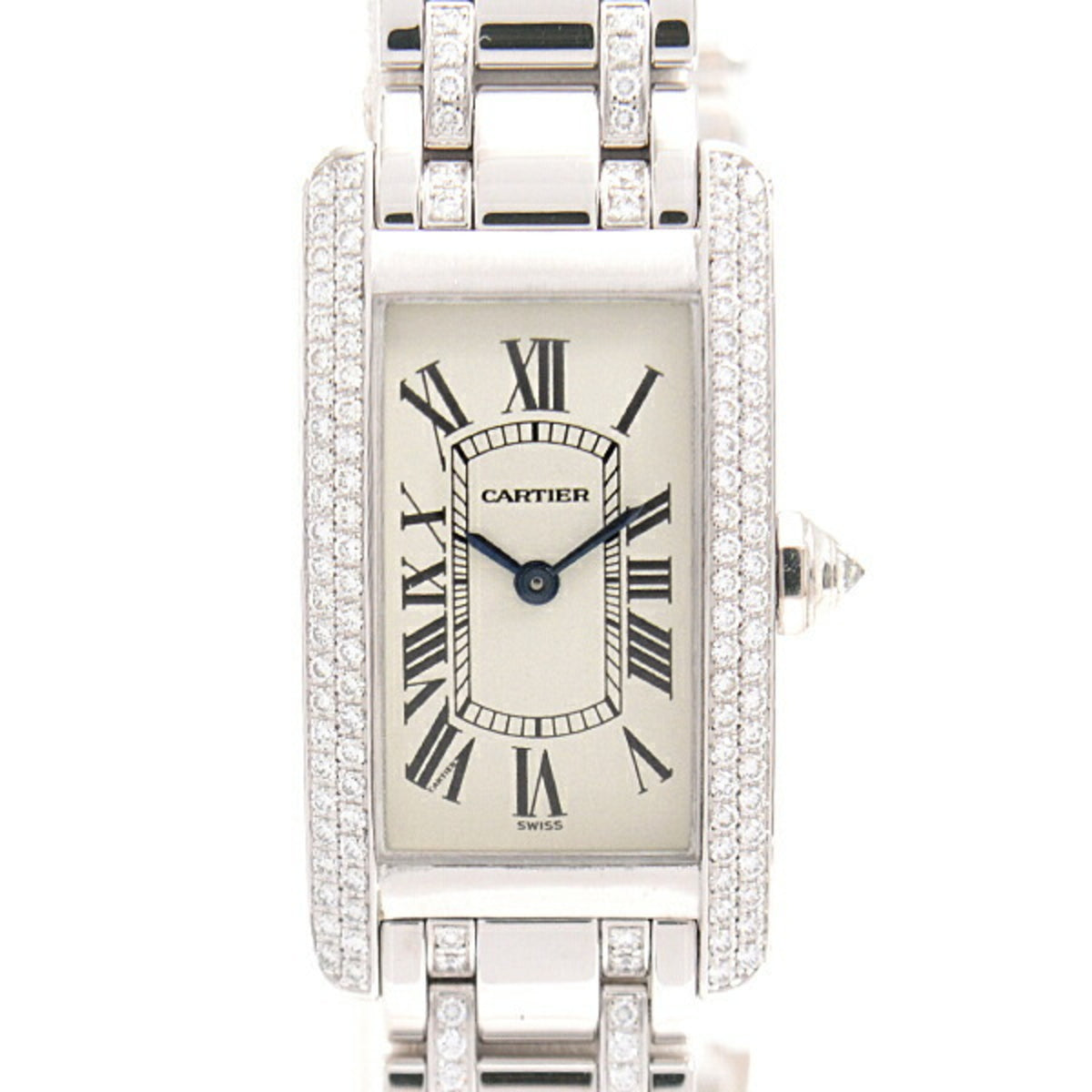 Gebrauchte Cartier Damenuhr Tank Americaine SM Echter Diamant Batteriebetrieben Weißgold 750WG Elfenbein Zifferblatt 