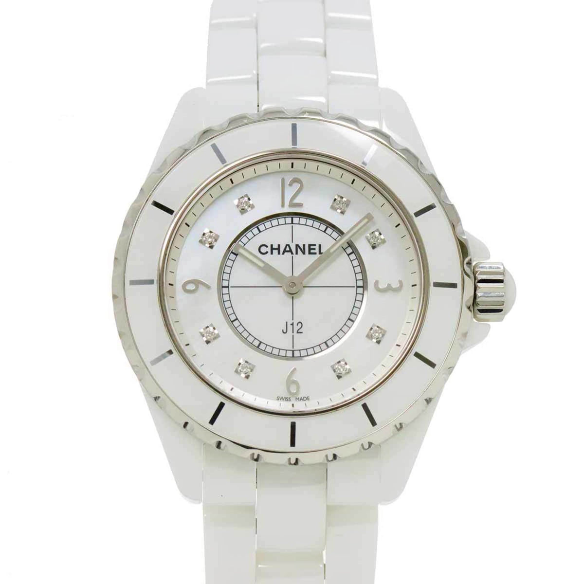 Pre-Owned CHANEL J12 38mm H3214 Men's Watch with 8 Diamonds, White Shell, Ceramic, and Quartz Movement