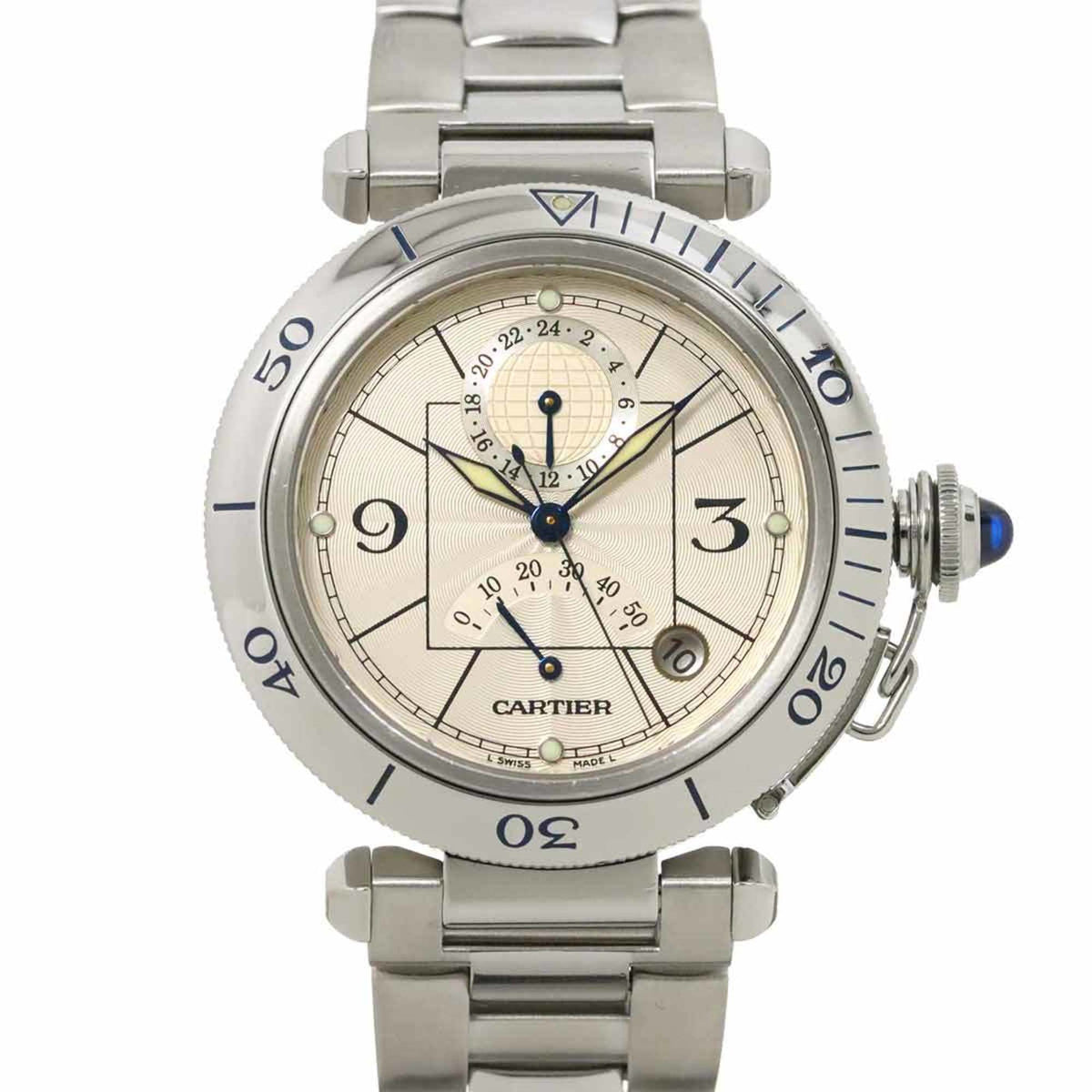 Gebrauchte Cartier Pasha 38mm GMT W31037H3 Herrenuhr Datum Silber Automatik 