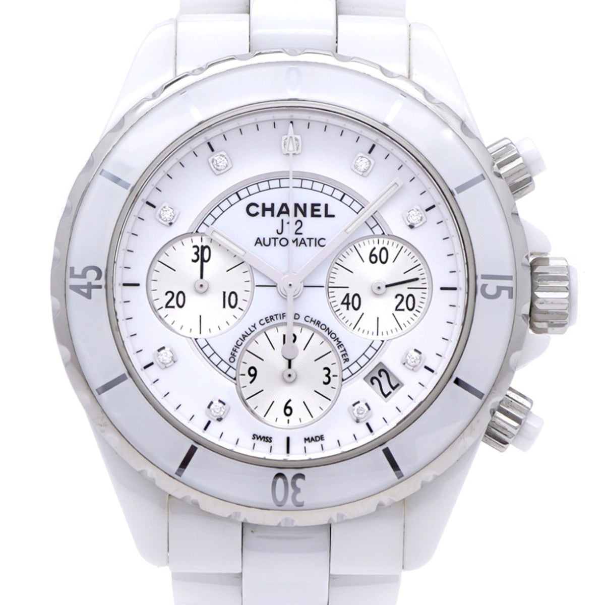 Pre-Owned Chanel J12 Chronograph 9-Piece Diamond Watch, H2009, Automatic, White Ceramic/Diamond, Dial, 0047, CHANEL, Men's