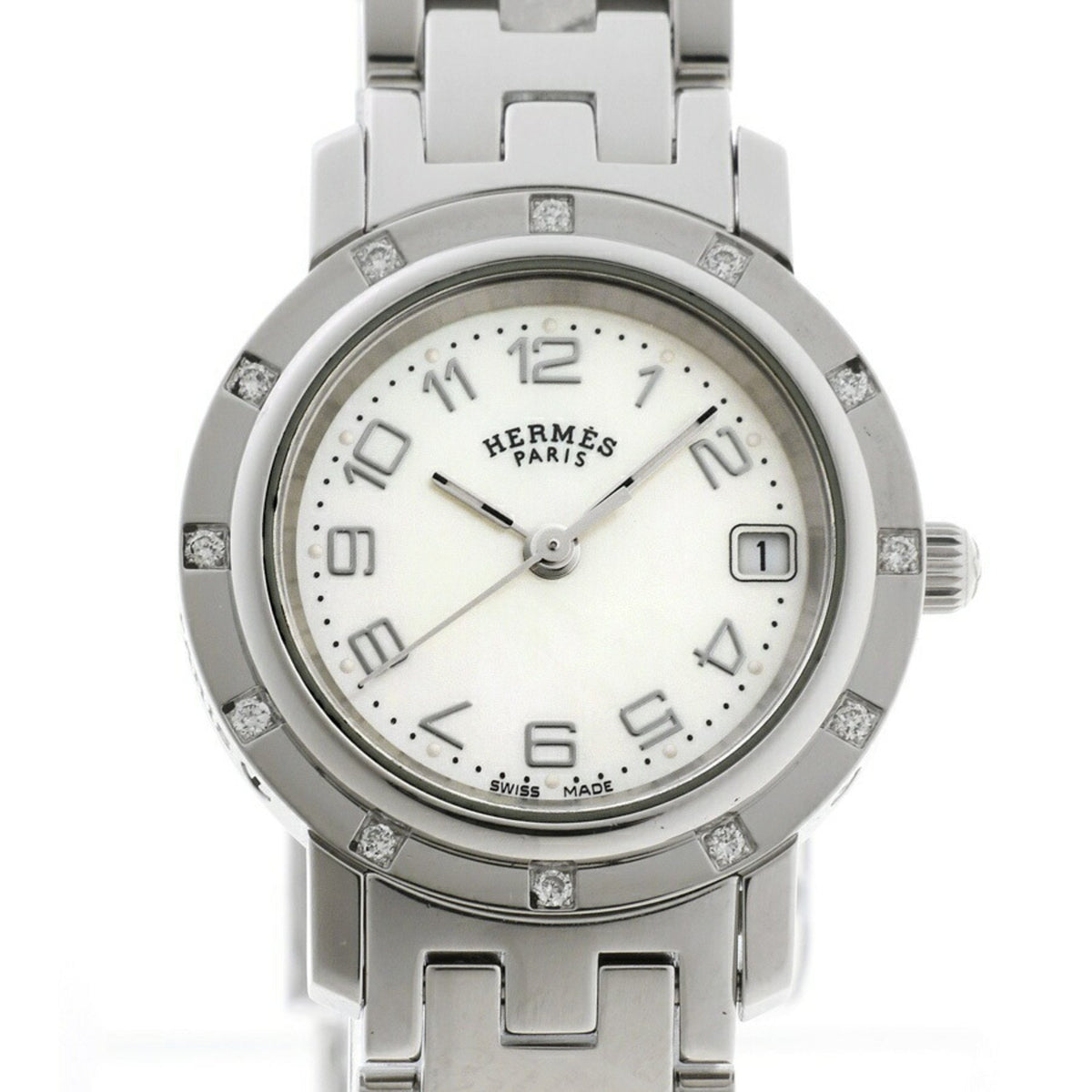 Gebrauchte Hermes Clipper Nacle CL4.230 12P Diamantlünette Weiße Muschelquarzuhr A-158739 
