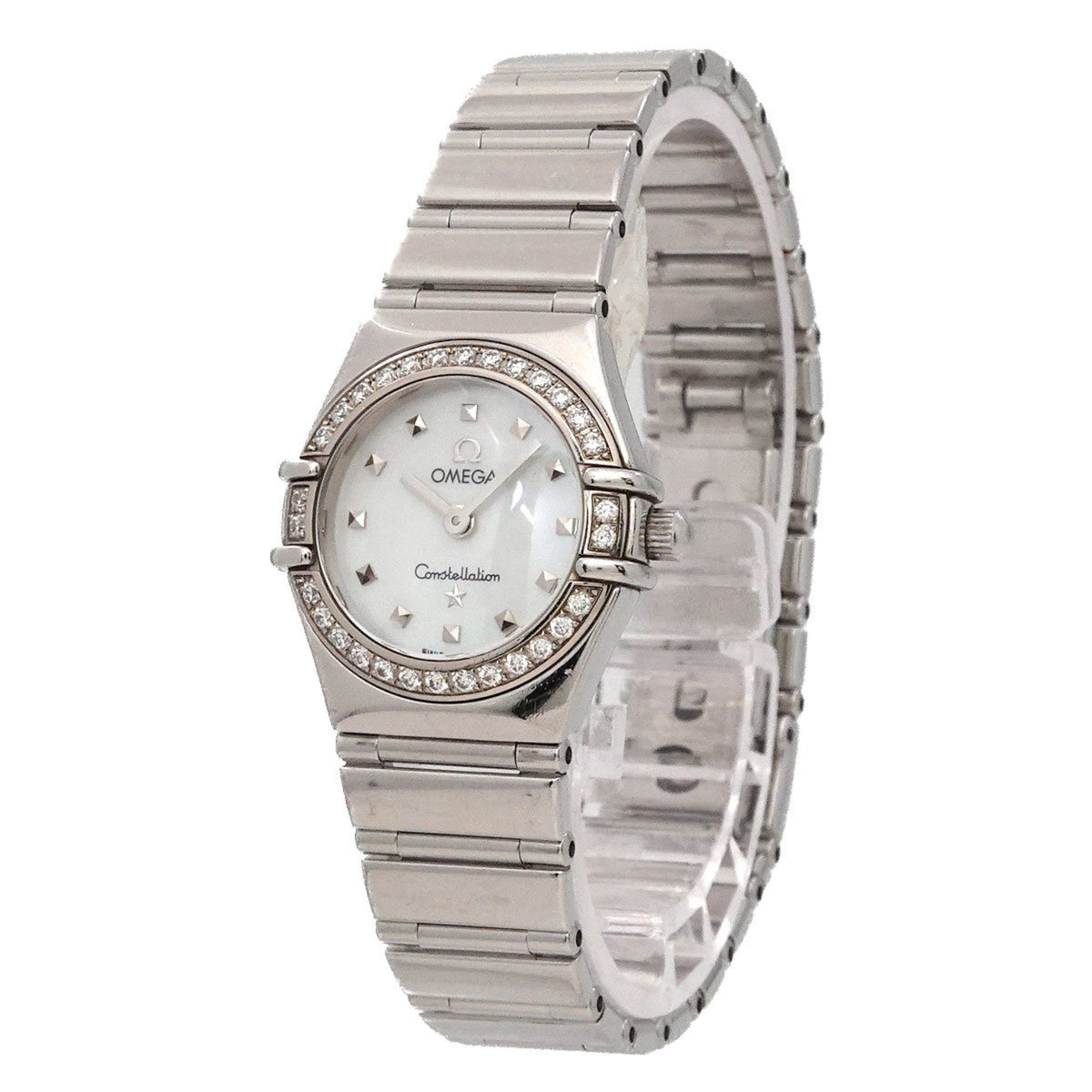 Gebrauchte OMEGA Constellation Mini My Choice 1465 71 Diamantlünette Damenuhr Weißes Muschelquarz 
