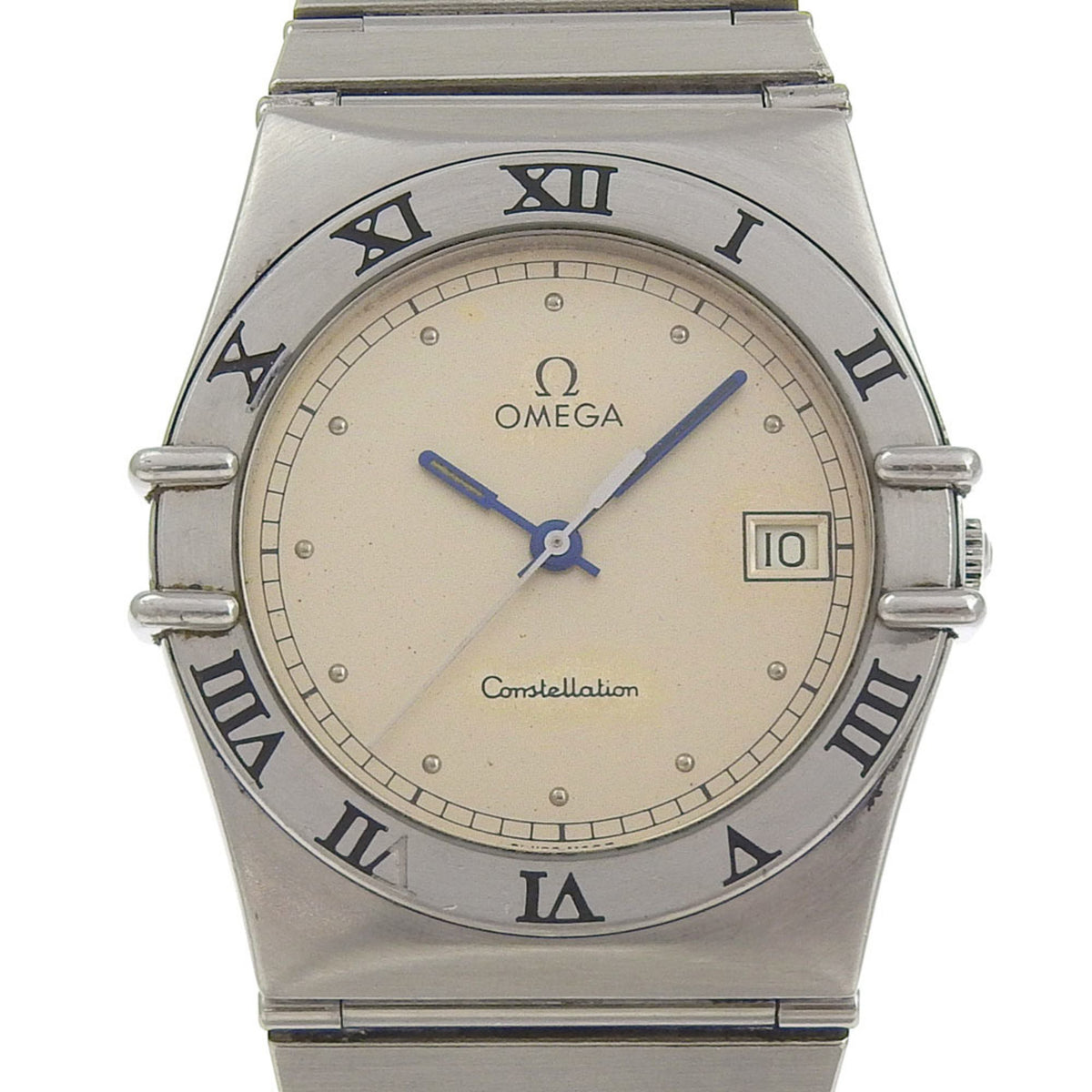 Gebrauchte OMEGA Constellation Uhr, Datum, Edelstahl, Quarz, Analoganzeige, graues Zifferblatt, Constellation, Jungen 
