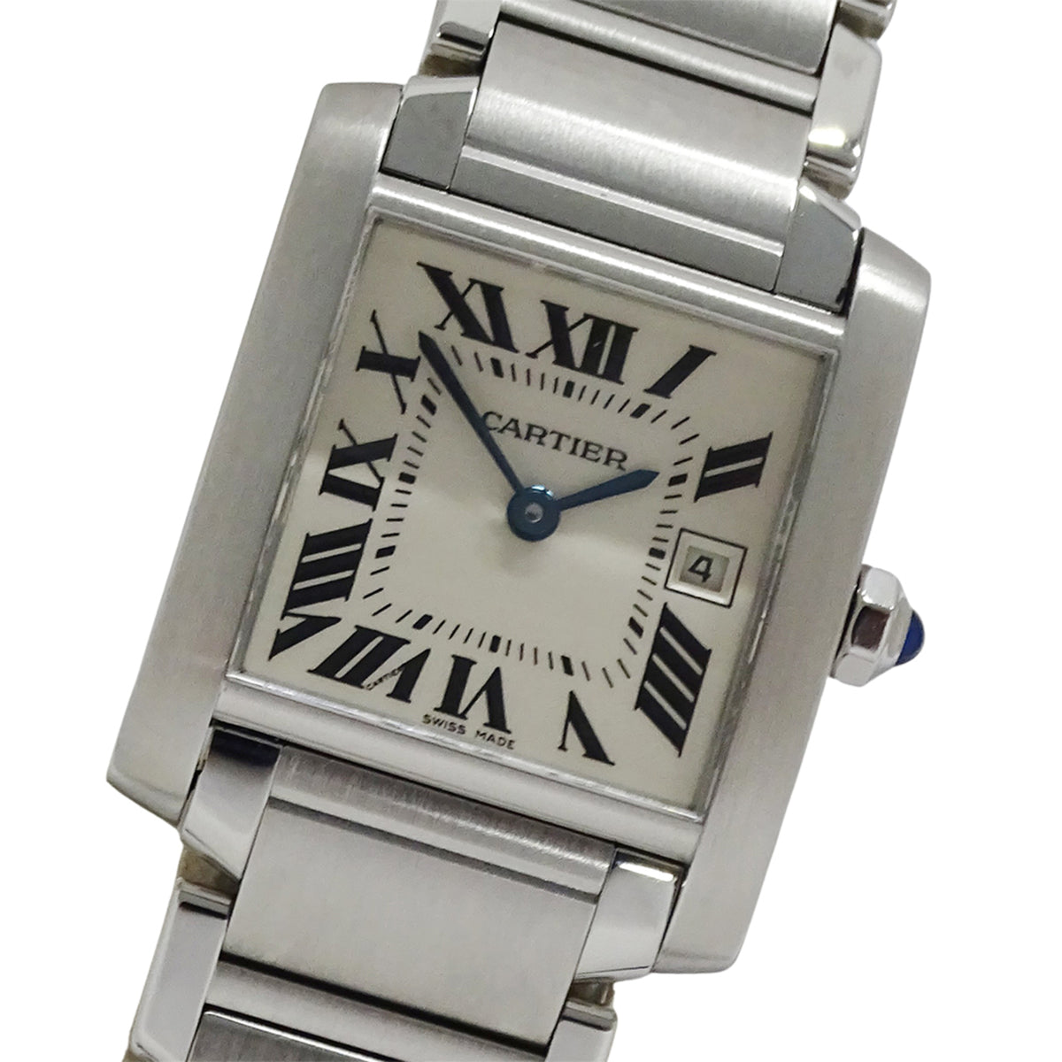Pre-Owned Cartier Tank Fran?aise MM Boys' Watch with Date, Quartz Movement, Stainless Steel, W51011Q3, Silver and Ivory, Polished