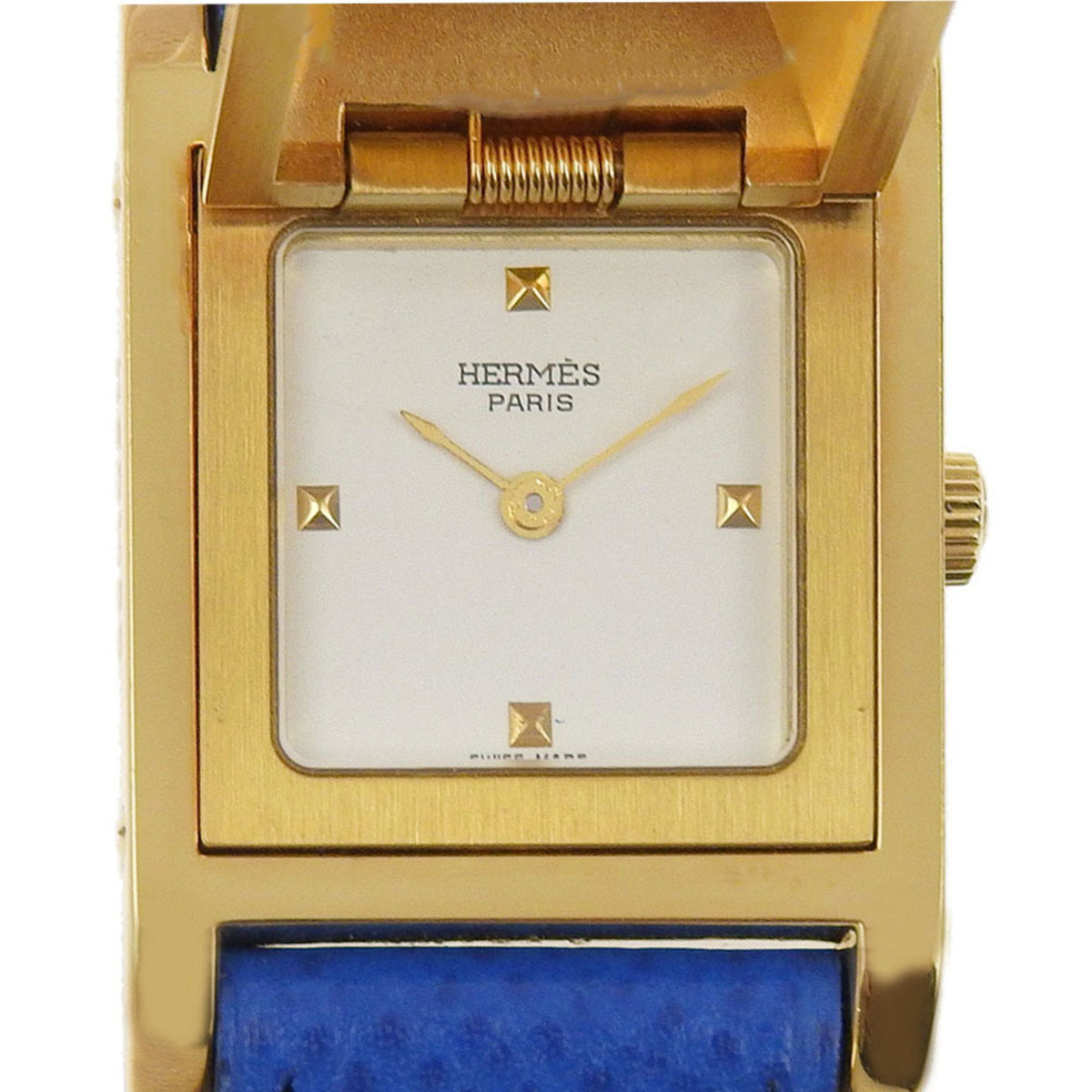 Gebrauchte Hermes HERMES Medor Uhr vergoldet x geprägtes Leder 1994 Quarz Analoganzeige weißes Zifferblatt Damen 