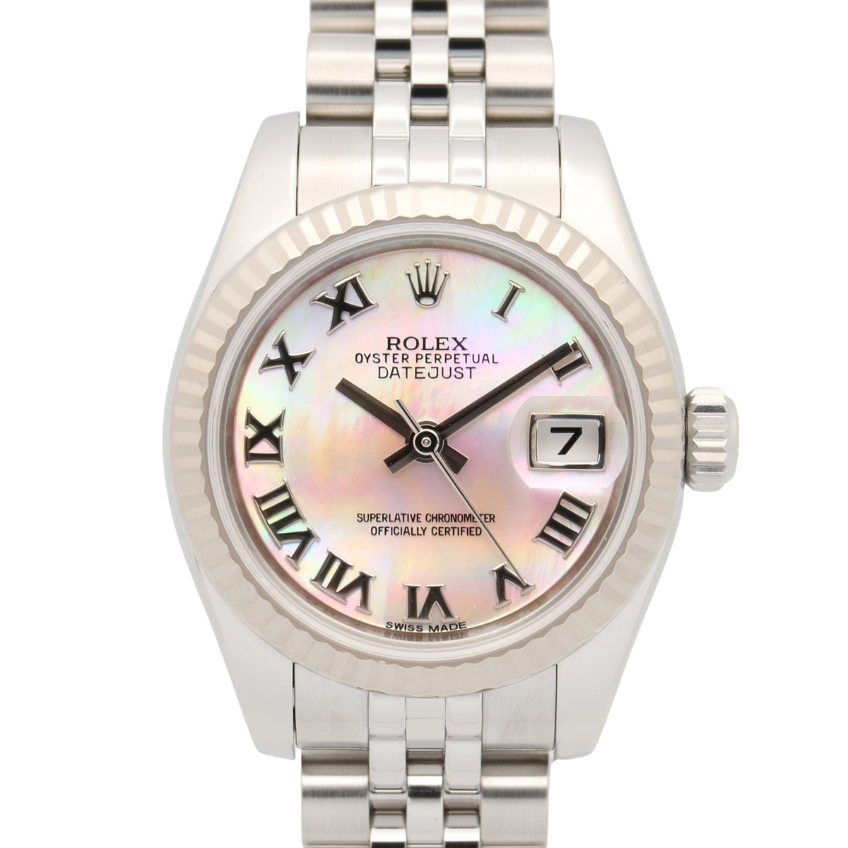 Pre-Owned Rolex Datejust Random Serial Number Watch, 18K White Gold (18KWG) Stainless Steel, Ladies', Pink Tone, Mother-of-Pearl, Roman Numerals, Jubilee, 179174NR