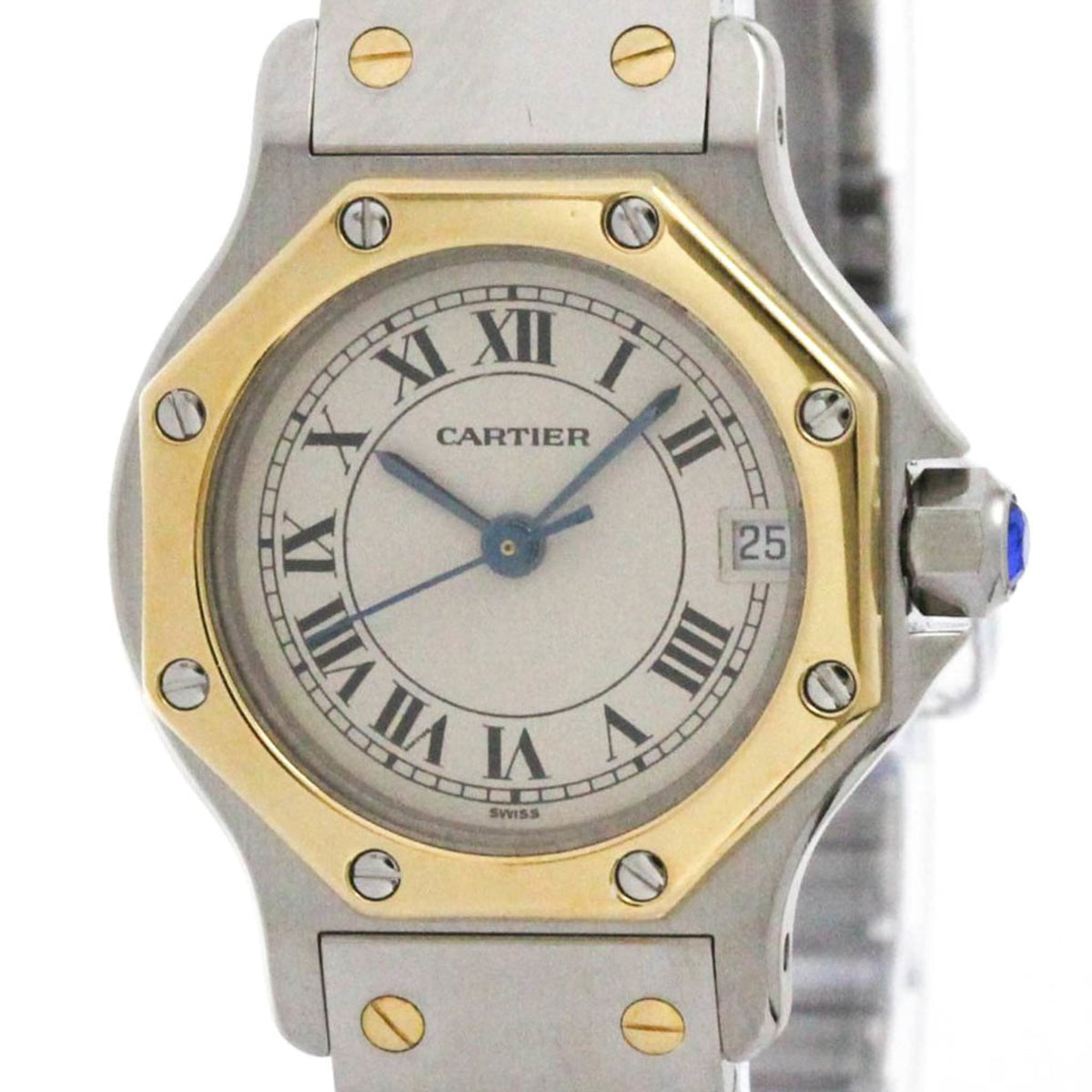Pre-Owned CARTIER Santos Octagon 18K Gold Steel Quartz Ladies Watch 187903 Polished