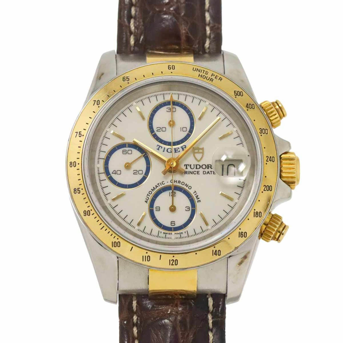 Gebrauchte Tudor Chrono Time Tiger Prince Date Combi 79263P Herrenuhr Elfenbein K18YG Automatische Zeit 