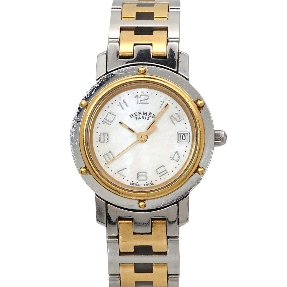 Pre-Owned Herm?s Clipper CL4 220 Women's Two-tone Date White Shell Quartz Watch