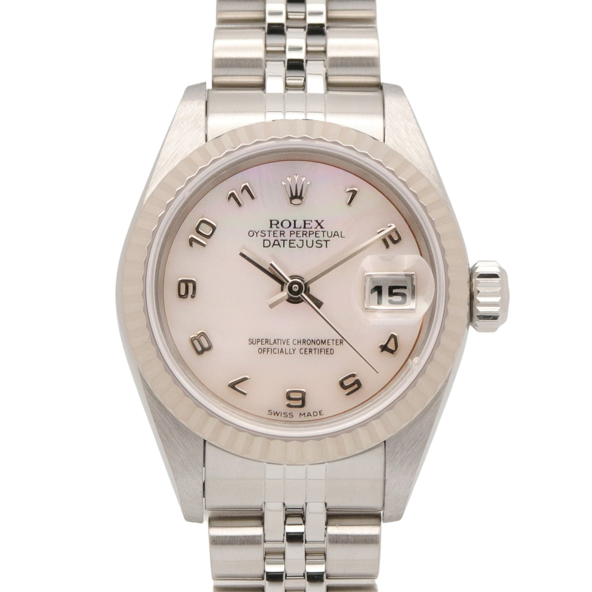 Pre-Owned Rolex Datejust Y-serial watch, 18K white gold (WG) stainless steel, ladies', pinkish pink mother-of-pearl dial, Arabic numerals, 79174NR
