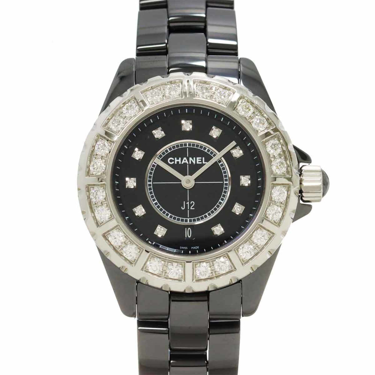 Pre-Owned CHANEL J12 33mm H2427 Large Diamond Bezel Women's Watch with 11 Diamonds, Date Display, Black Ceramic Quartz Movement