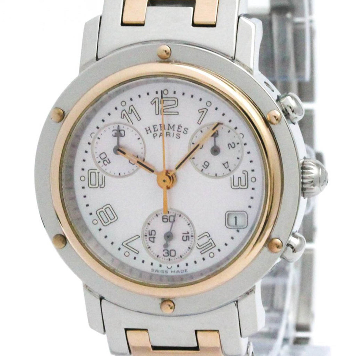 Gebrauchte HERMES Clipper Chronograph MOP Roségold plattierte Stahluhr CL1.321 Poliert 