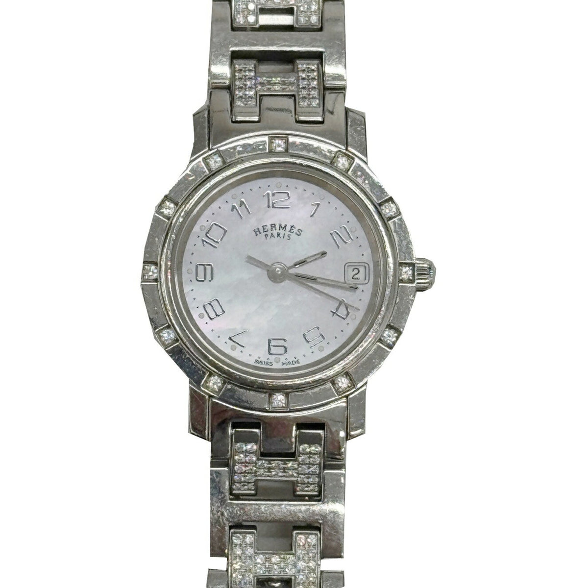 Gebrauchte HERMES Clipper Nacle CL4.230.214 3870 Stück limitierte Auflage Kalender 12-Punkt-Diamant-Lünette H-Gurt rosa Muschelzifferblatt SS Quarz analoge Armbanduhr Damen 