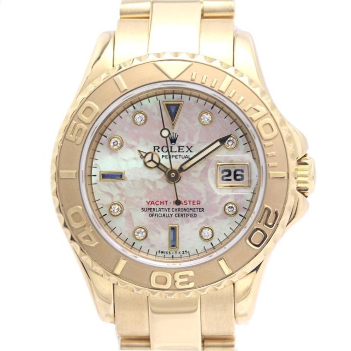 Pre-Owned ROLEX Yachtmaster 8P Diamond 3P Sapphire White Shell 69628NGS Women's Watch 18K Yellow Gold 40292