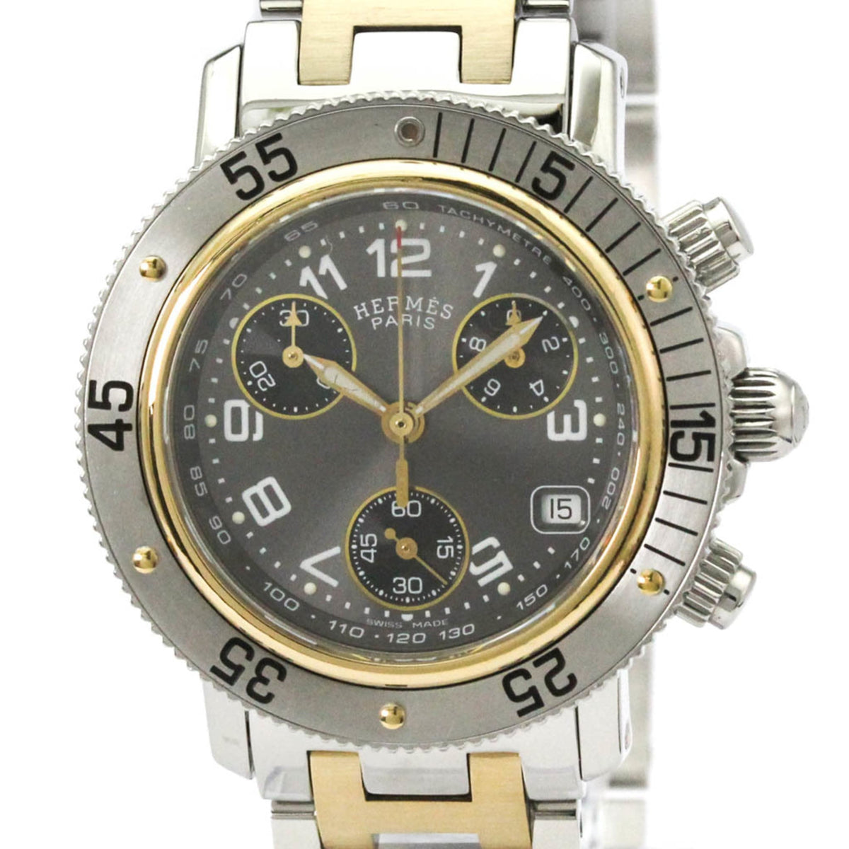 Pre-Owned HERMES Clipper Diver Chronograph 18K Gold Steel Watch CL2.320 Polished