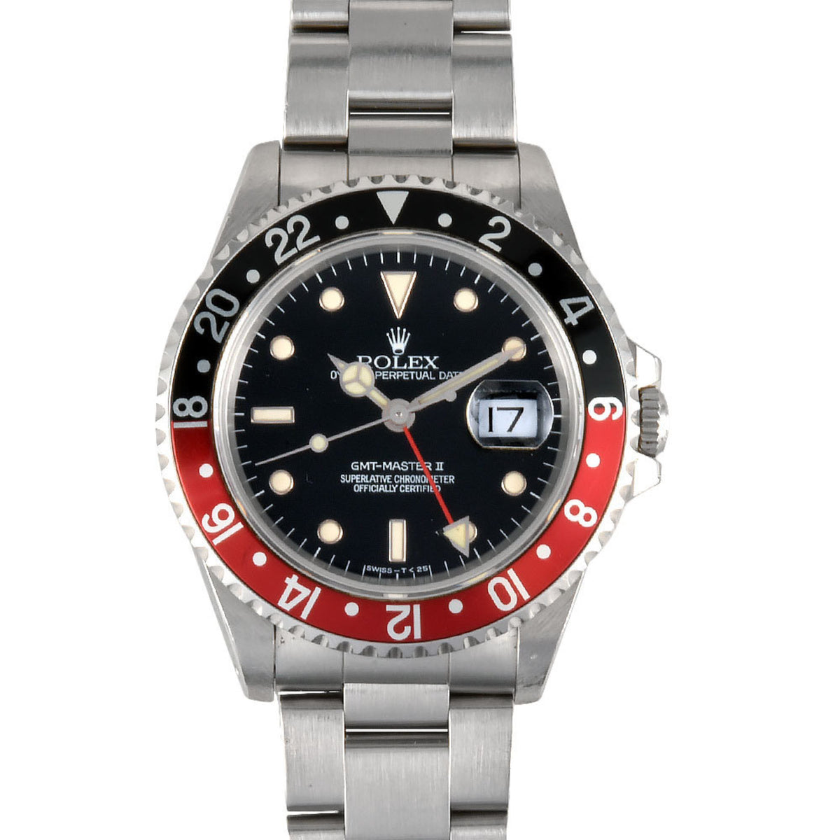 Gebrauchte Rolex ROLEX 16710 GMT Master II T-Serie (Baujahr 1996) Automatikuhr, schwarzes Zifferblatt, schwarz, rot, Kork, alles Tritium, Herren 
