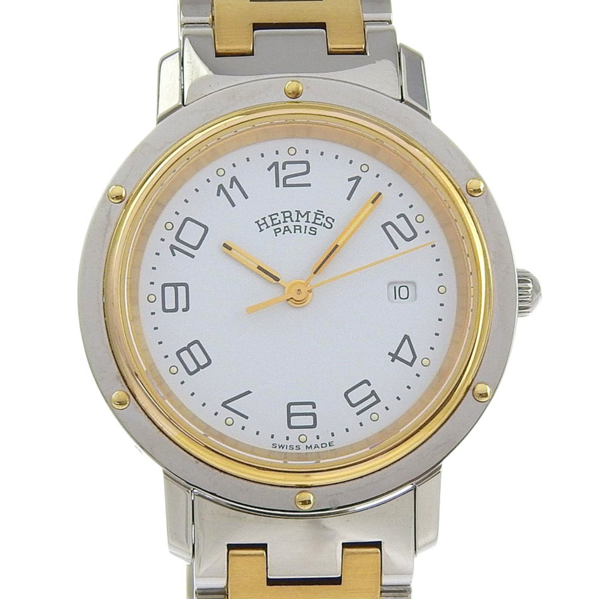 Pre-Owned Herm?s Clipper Watch, Two-Tone, Gold-Plated Stainless Steel, Quartz Movement, Analog Display, White Dial, Unisex, CL3.440