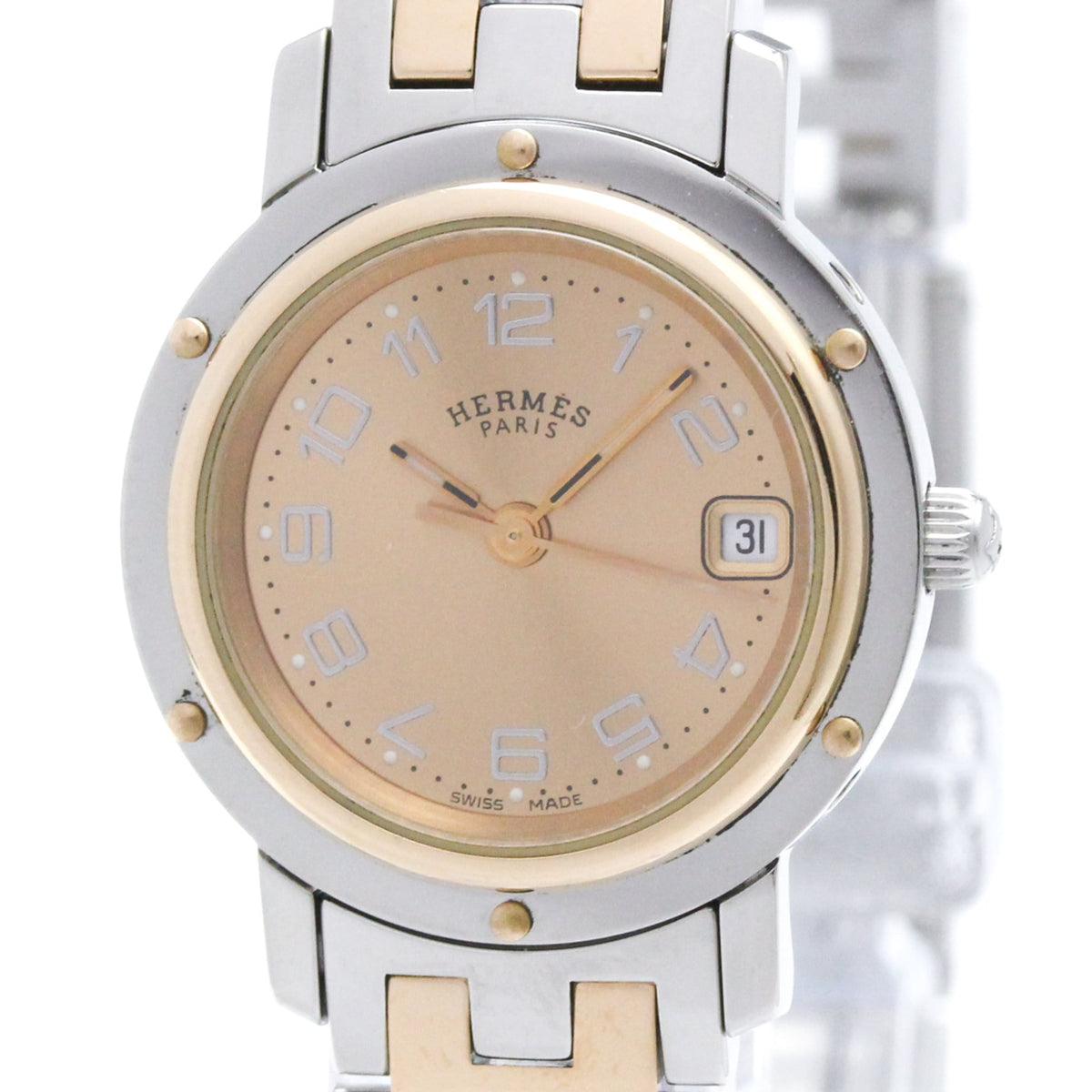 Pre-Owned HERMES Clipper Pink Gold Plated Steel Watch CL4.221 Polished