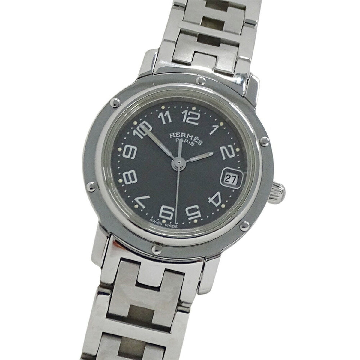 Pre-Owned Herm?s Clipper Date Quartz Stainless Steel Watch CL4.210, Silver Gray, Polished