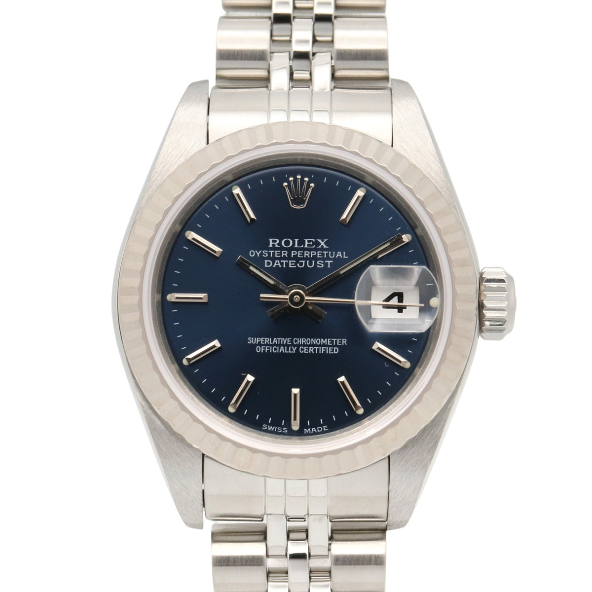 Pre-Owned Rolex Datejust F-series watch, 18K white gold (WG) stainless steel, ladies', blue dial, bar lacing, 79174
