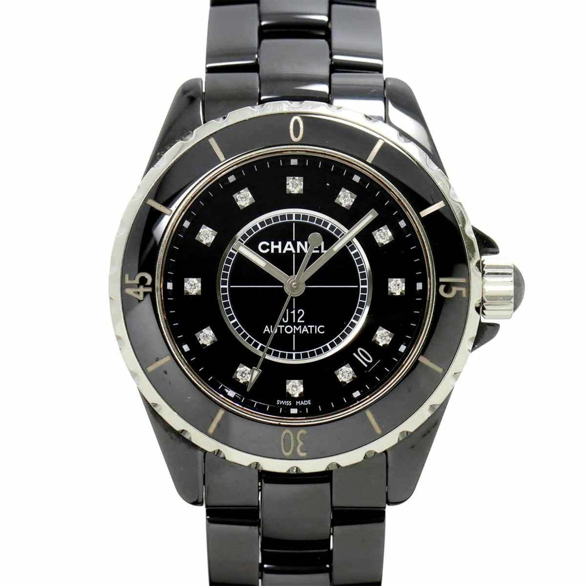 Pre-Owned Chanel J12 38mm H1626 Men's Watch with 12 Diamonds, Black Ceramic, Date Display, Automatic Movement