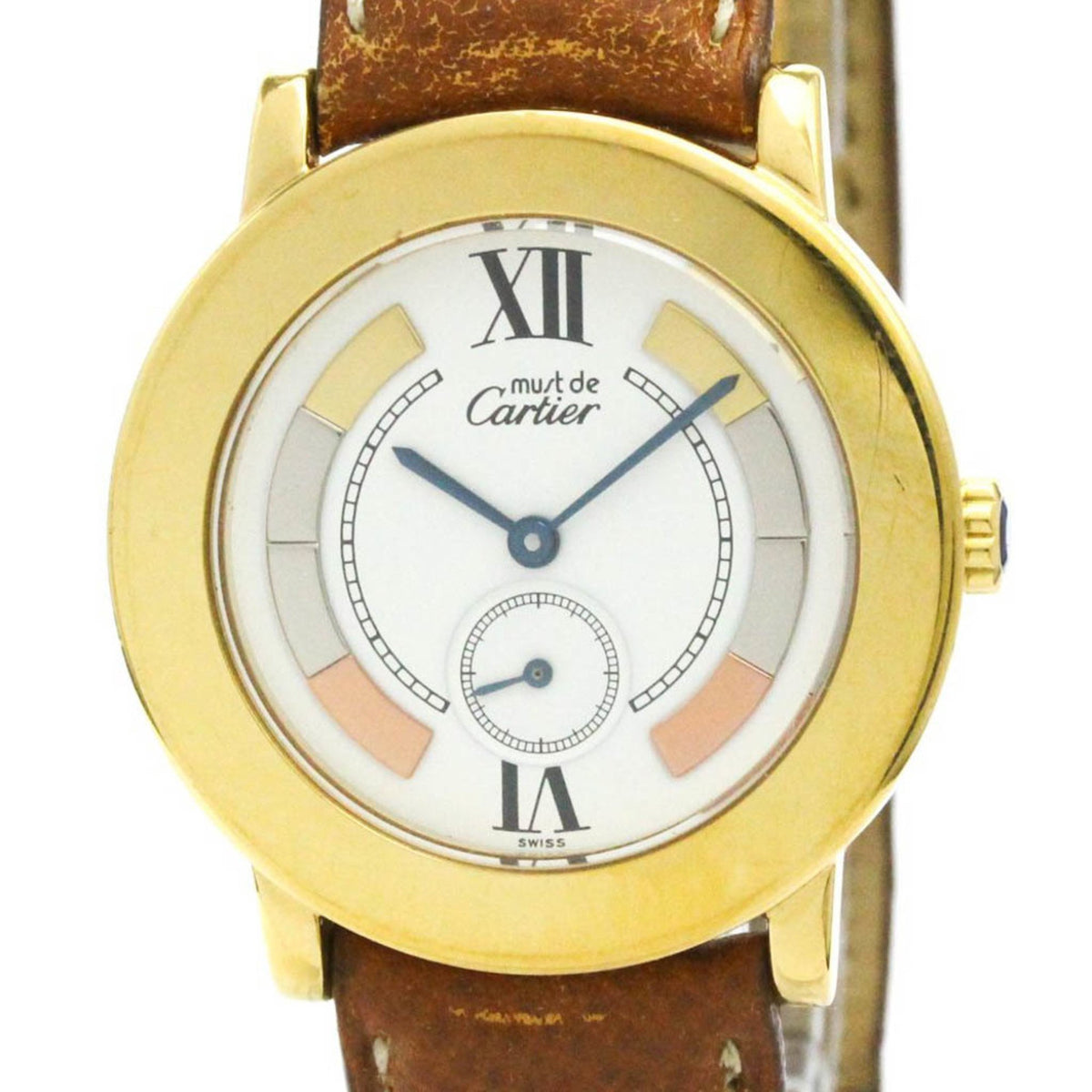 Gebrauchte CARTIER Must Ronde vergoldete Lederquarz-Damenuhr W1006922 