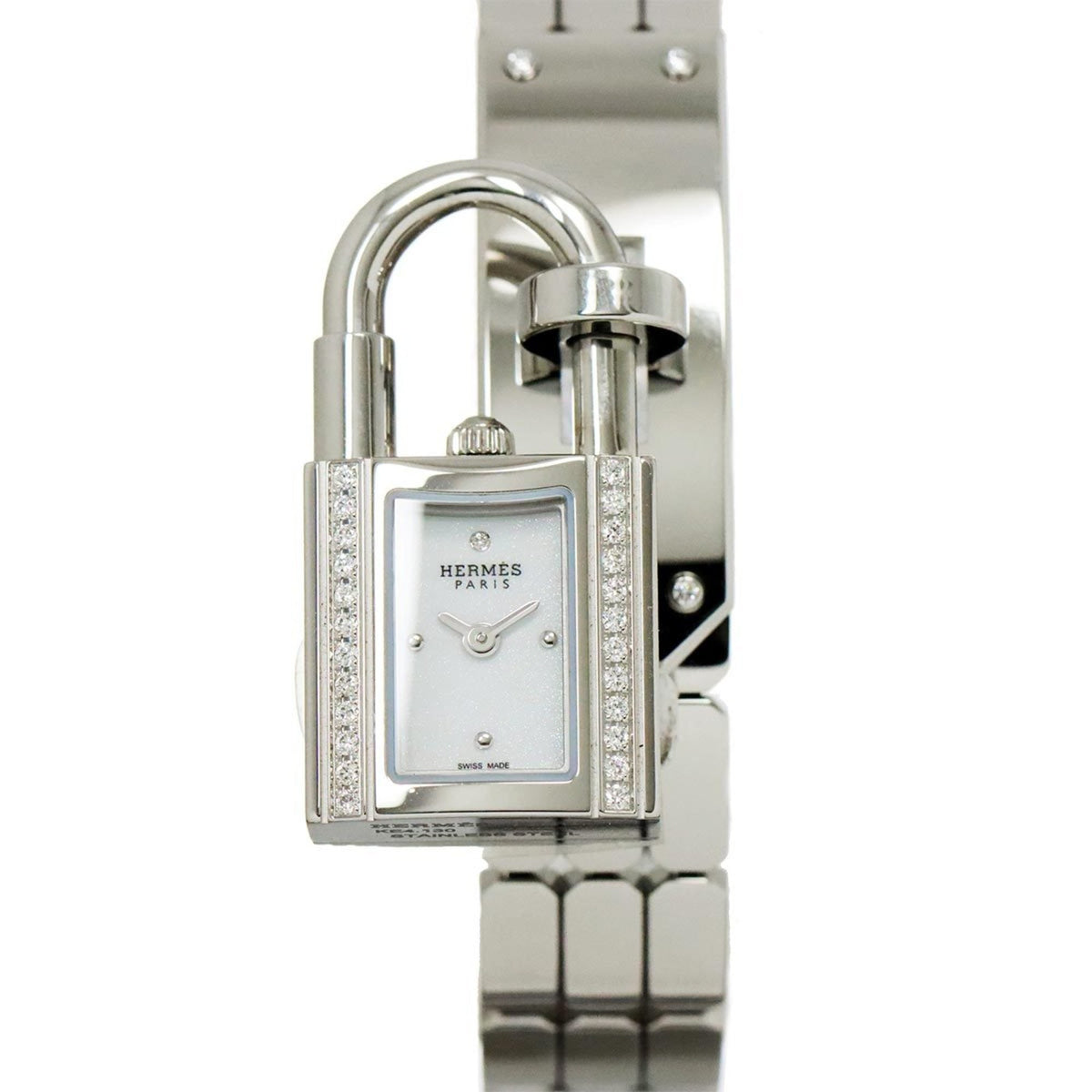 Gebrauchte Hermes Kelly Uhr KE4 130 Diamant Lünette Damen Weiß Quarz Vorhängeschloss 