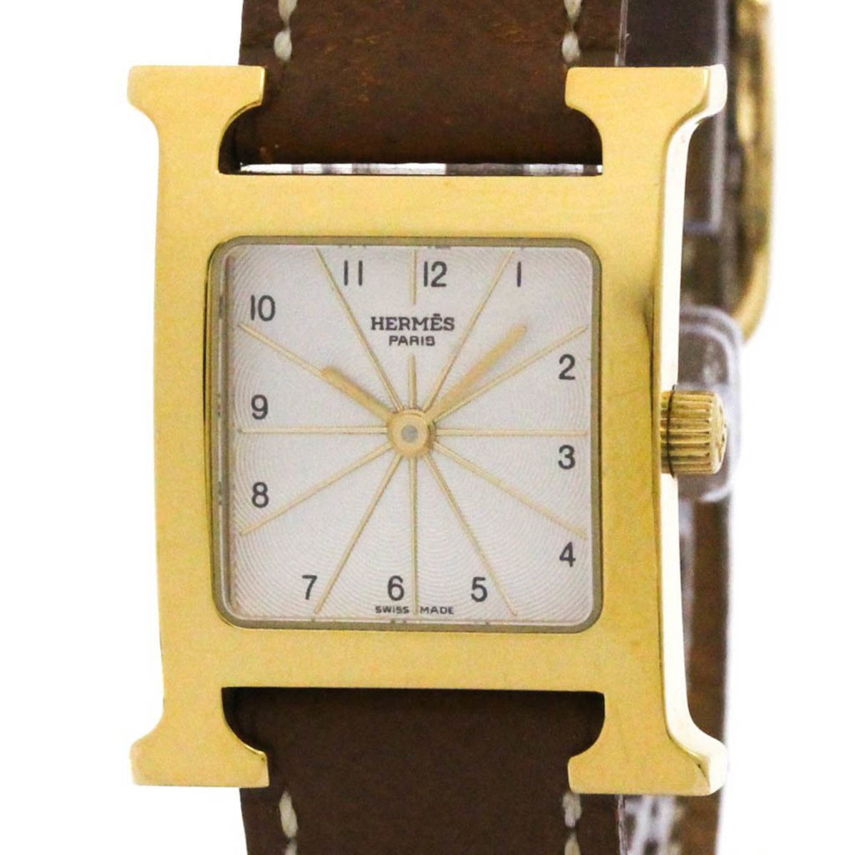 Pre-Owned HERMES H Watch Gold Plated Leather Quartz Ladies Watch HH1.201