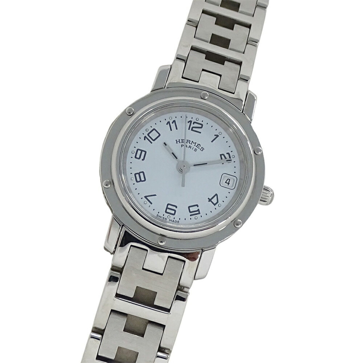 Pre-Owned Herm?s Clipper Date Quartz Stainless Steel Watch CL4.210, Silver White, Polished