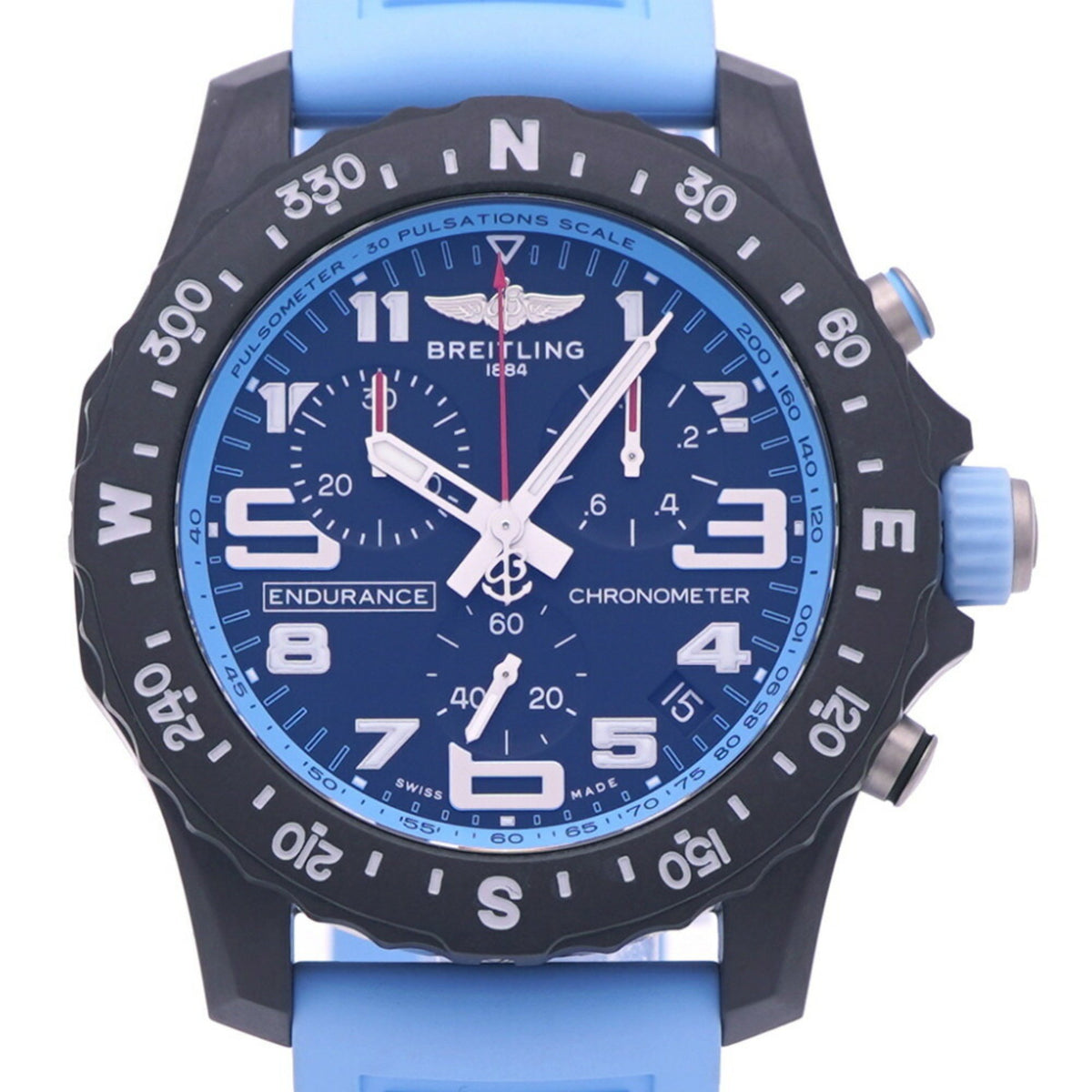 Pre-Owned Like new Breitling Endurance Pro 44 X82310 automatic watch, Breitling/Rubber finish, black with light blue dial, 1574BREITLING, men's
