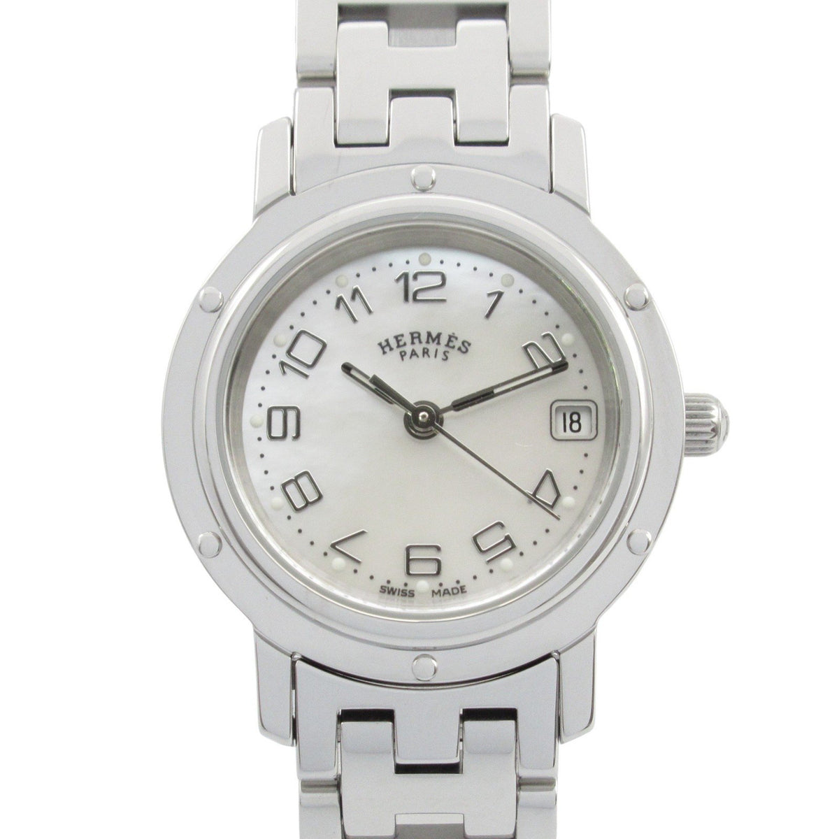 Gebrauchte Hermes Clipper Nacle Uhr Edelstahl Damen Weißes Gehäuse CL4.210 