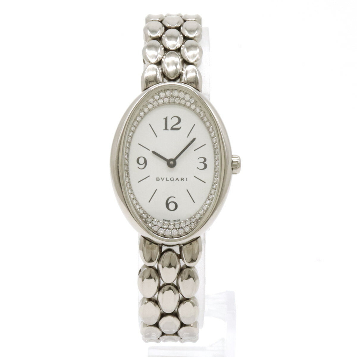 Gebrauchte BVLGARI Bvlgari Ovale Diamantlünette Weißes Zifferblatt K18 Massivgold 750WG Damen-Quarzuhr OVW32G 