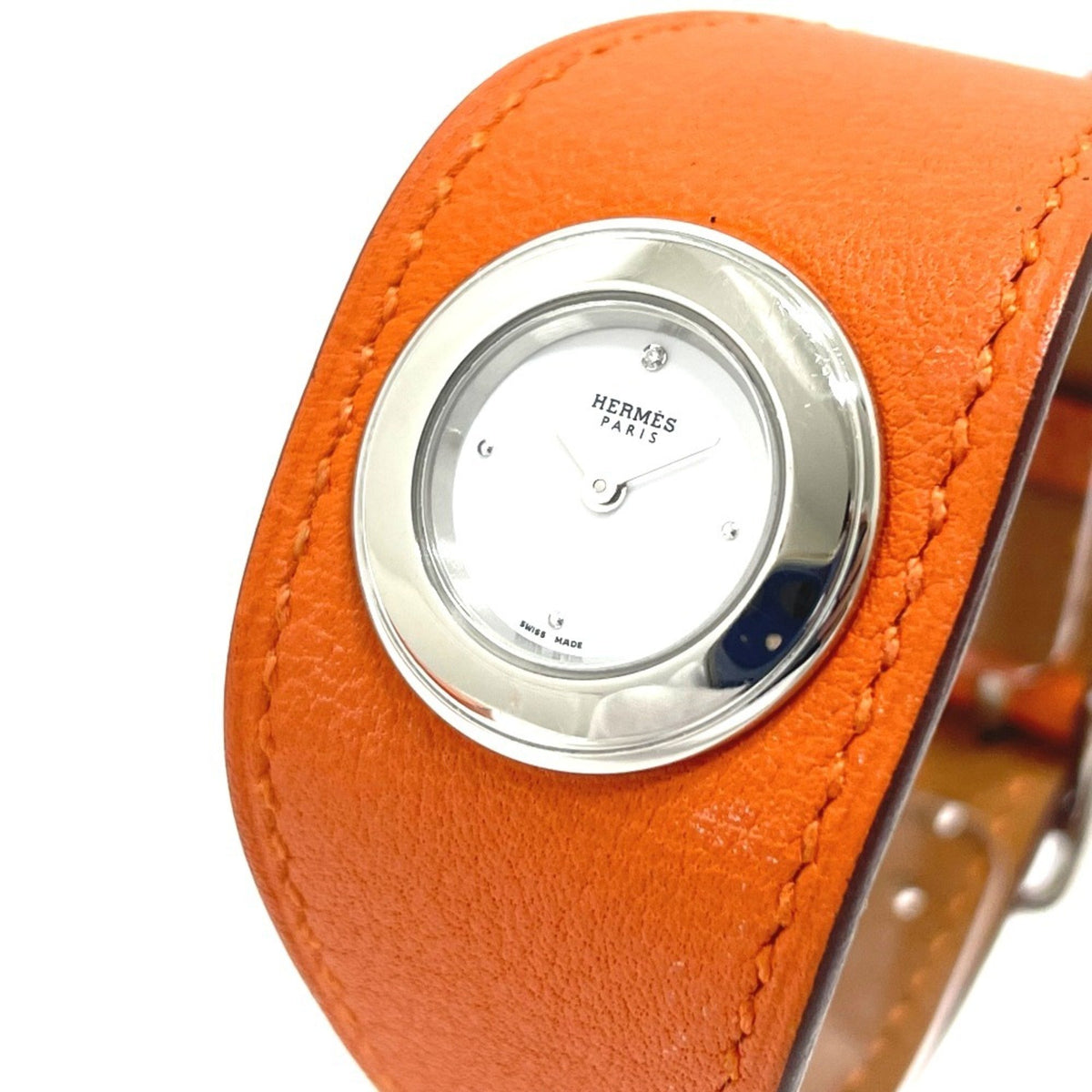 Pre-Owned HERMES FG2.110 Faubourg Manchette Quartz Watch with Stainless Steel/Leather Strap, Silver